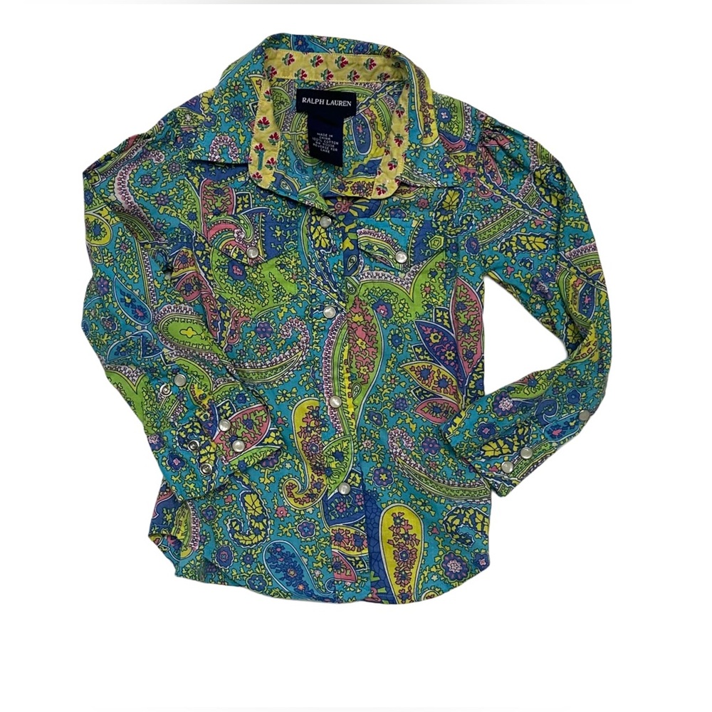 Ralph Lauren Girl Paisley flower  pearl snap long sleeve 100 cotton shirt 2T‎